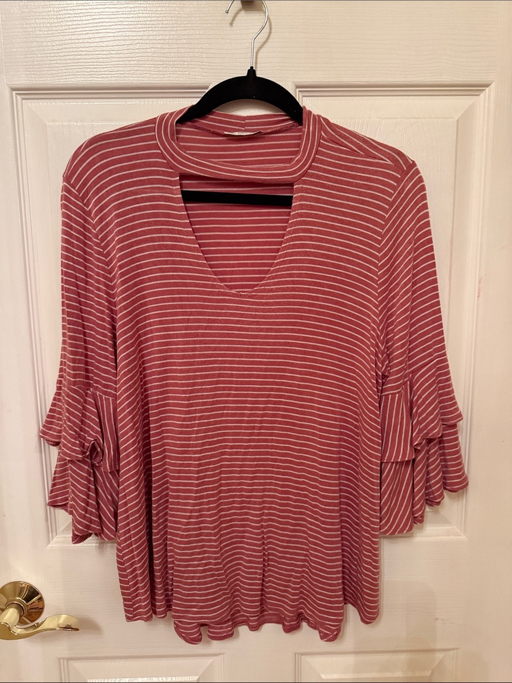 JODIFL Rose Pink Striped V-Neck Ruffle Sleeve Tunic